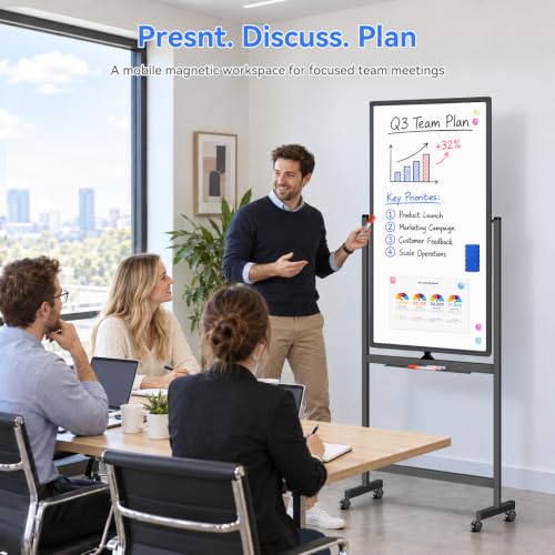 Maxtek Black Magnetic Whiteboard on Wheels 40x24 Mobile Double-Sided