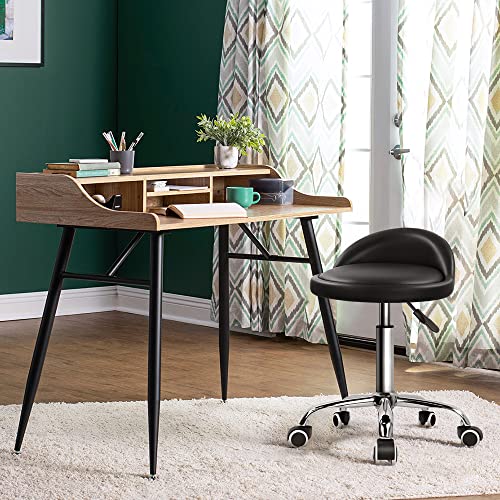 KKTONER Black PU Leather Adjustable Swivel Rolling Stool with Back Rest