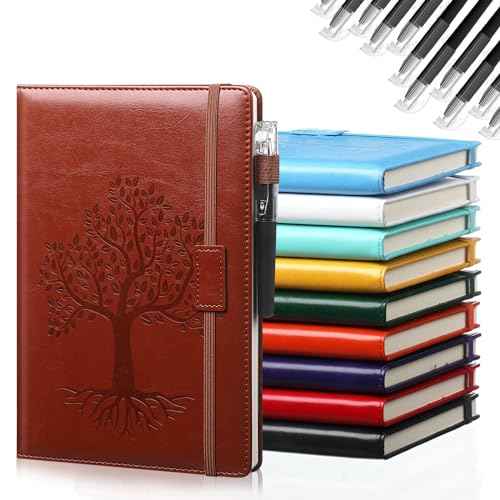Estune 10 Pack Lined Journal Notebook A5 Tree of Life Hardcover Leather Journal with 10 Pen, College Ruled Notebook for Travel, Business, Work, Office, School Note Taking Diary(Vivid Color)
