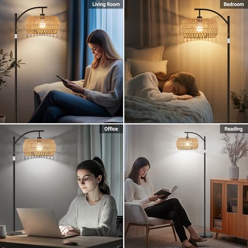 ROTTOGOON Rattan Floor Lamps for Living Room, Boho Standing Lamps with Rattan Shades, Arc Lamps Floor Standing with 9W Bulb, Foot Switch, Bohemian Floor Lamps for Bedroom, Office- Black