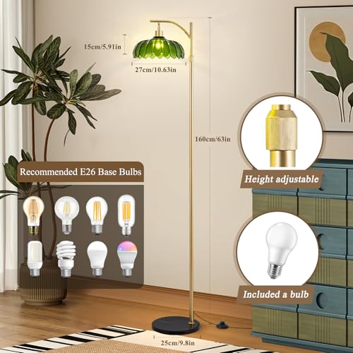 Arc Floor Lamp for Living Room, Modern Standing Lamp with Remote, Dimmable, 3CCT, Arc Tall Floor Lamp with Green Glass Lampshade for Bedroom Study Room Office (Bulb Included)