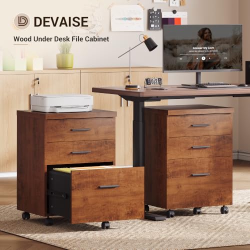DEVAISE Walnut 3-Drawer File Cabinet - Under Desk Office Storage, 15.7"D x 18.1"W x 25.6"H