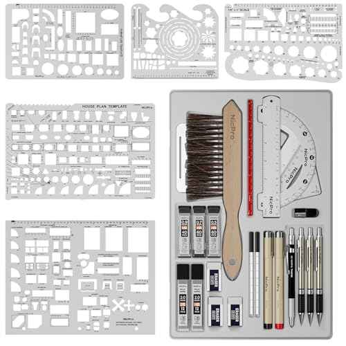 Nicpro 30PCS Professional Drafting Tools & Geometry Set with Case, Architect Protractor Set, Metal Mechanical Pencils, Pen, Scale Ruler Metal Ruler, 5 Drawing Templates for Interior Design House Plan