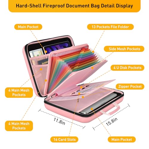 Fireproof Document Organizer with Lock, File Organizer Safe Box Fireproof Waterproof, Hard Shell Fire Proof Document Bag with 13 Pocket Accordion File Folders, Home Storage Office Organization