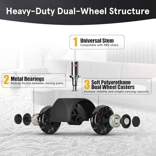 Office Chair Wheels Replacement, 2.5 Inch Heavy Duty Caster Set, for Carpet and Hardwood Floors, Universal Size 11x22mm, Fits 99%, Black
