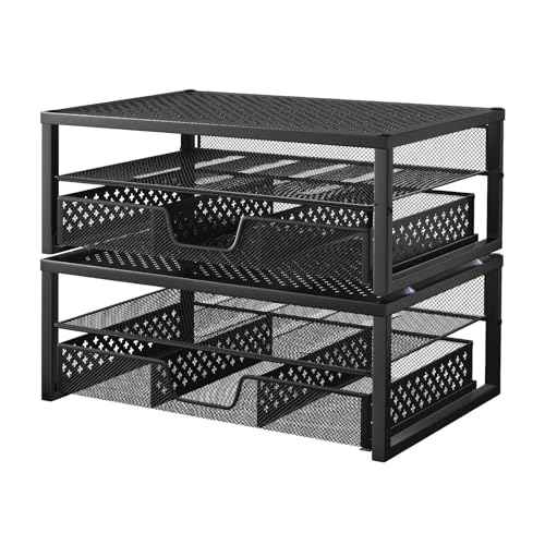 Simple Trending 2 Pack 2 Tier Metal Monitor Riser Stand and Computer Desk Organizer with Drawer, Black