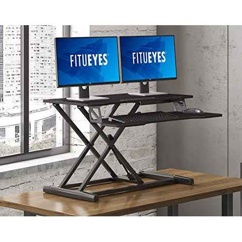 FITUEYES Height Adjustable Standing Desk 32¡± Wide Sit to Stand Converter Stand Up Desk Tabletop Workstation for Dual Monitor Riser FSD308001WB