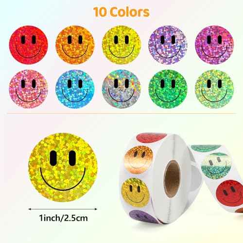 1000PCS Smiling Glitter Stickers, 1inch, 10 Colored Sparkly Foil Happy Stickers, Rewarding Student Behaviour, School Classroom Teacher