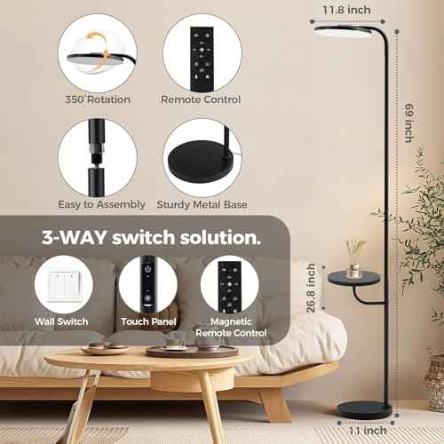 Floor Lamp with Table & Shelves,LED Stepless Dimmable Torchiere with Remote & Touch Control, 350¡Æ Rotating Head Reading Floor Lamp for Living Room, Bedroom, Office