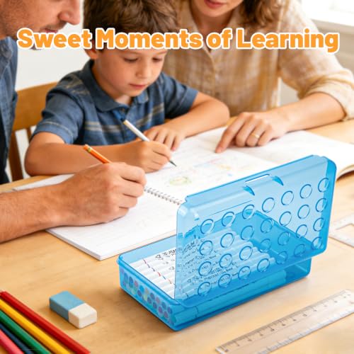 Blue Plastic Clear Hard Polka Dot Pencil Box Case - Cute Stationery Organizer