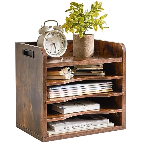 YMYNY Desktop File Organizer with Handle, Document Letter Mail Tray Sorter with 3 Adjustable Shelves, 5 Tiers Paper Holder for School Home Office Desk, Rustic Brown,13.4 * 12.4 * 9.06" UHBC006H