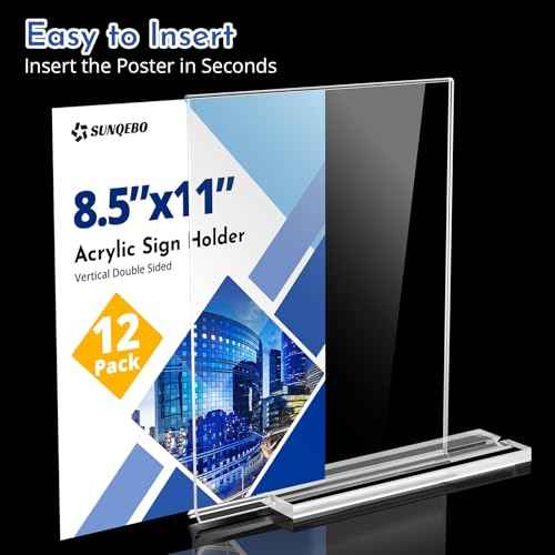 12 Pack Acrylic Sign Holder 8.5 x 11, Double Sided Clear Sign Holder Plastic Display Stands, T Shape Acrylic Table Sign Stands Flyer Paper Holder for Office Store Restaurants School Retail