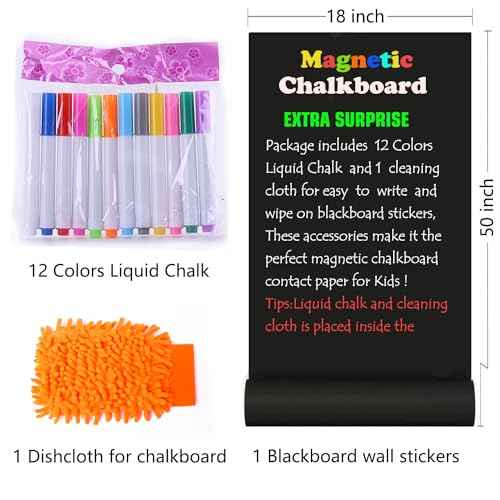 Magnetic Chalkboard Contact Paper 50"x18" Self Adhesive Magnet Wall Board Sticker with 12 Color Liquid Chalk for Kid, Black Chalk Board Wallpaper Roll Alternative to Magnetic Blackboard Paint