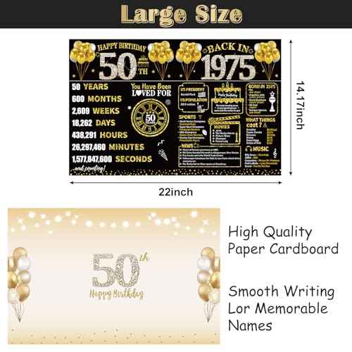 Large 50th Birthday Card With Envelope, Black Gold Happy 50th Birthday Giant Guest Book Gifts for Men Women, Giant Fifty Bday Card Gifts Party Supplies, The Year 1975 Jumbo 50 Bday Card