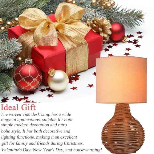 Rattan Table Lamp, Decorative Nature Table Lamp with E12 Socket, Beige Linen Lampshade, Retro Lamp for Living Room, Children's Room, Bedroom Decoration