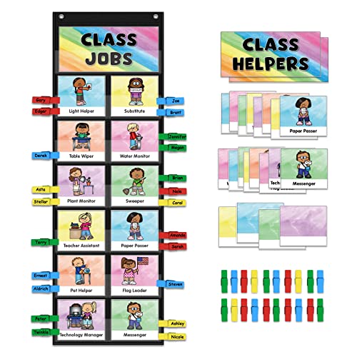 ABCxGOOD Classroom Jobs Pocket Chart Black 29.5 x 10 inches with 40 Cards