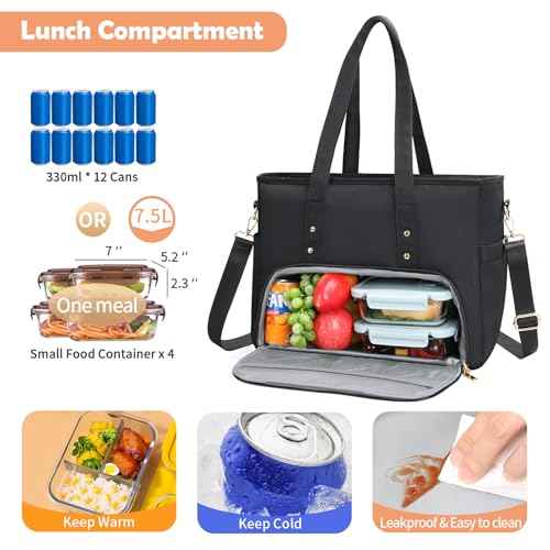 Jetviivid Laptop Tote Bag for Women, Work Bag with Insulated Lunch Compartment, 15.6 Inch Laptop Purse for Office,Teacher,College,Nurse,Travel, Black