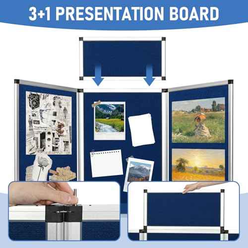 Nisorpa Trade Show Presentation Board, Aluminum Trifold Poster Board 70.8 x 35.4 Inch Display Board with Storage Bag, 3+1 Table Top Folding Panel - Blue