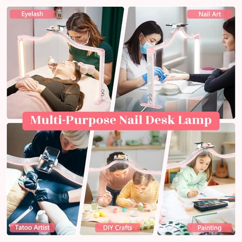 Yokilly Arc Half Moon Light: 34" Shadow-Free Half Moon Light for Desk Salon - Foldable LED Desk Lamp with Stepless Brightness for Manicurist (Pink)