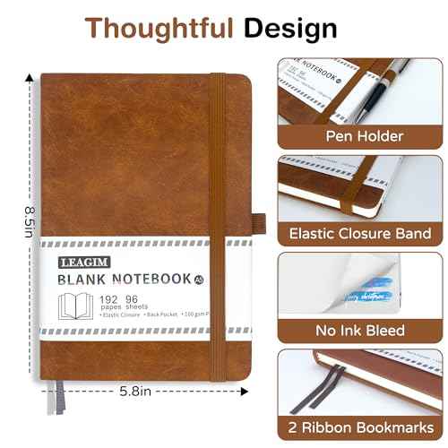 Blank Journal Notebook, A5, 192 Pages 100 GSM Thick Sketch Book for Women Men, Hardcover Leather Unlined Journaling for Work, Notebooks for Writing, 5.8 inches x 8.5 inches (Brown)