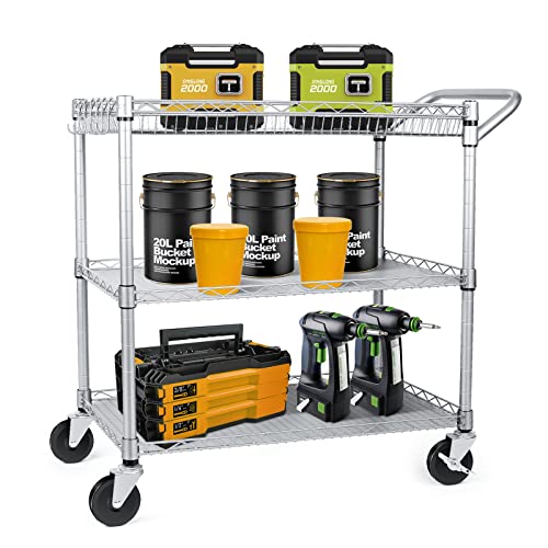 WDT 990Lbs Heavy-Duty Rolling Utility Cart 3-Tier, NSF Steel Kitchen Cart with Handle, 4 Quiet Casters, Gray (Variation: Gray-3 Tier)