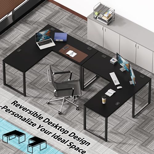 SHW 55-Inch Black L-Shaped Commercial Office Desk - 60" Version with Cable Grommets