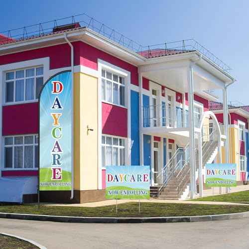 5 Set Daycare Now Enrollling Sign Include 3 Daycare Yard Sign with Stake 7 ft Feather Advertising Flag with Pole 8 x 11 ft Banner for Business Promotion