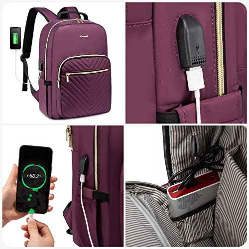 LOVEVOOK Laptop Backpack for Women 17.3 inch,Cute Womens Travel Backpack Purse,Professional Laptop Computer Bag,Waterproof Work Business Teacher Bags Carry on Backpack with USB Port,Deep-Purple