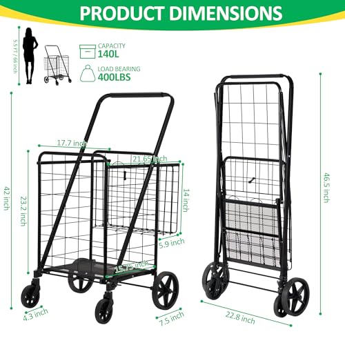 Spurgehom Grocery Cart on Wheels Folding Shopping Carts for Groceries 140L Jumbo with Removable Liner and Double Basket, 360¡Æ Rolling Laundry Cart Lightweight Trolley for Seniors 400 LBS Capacity