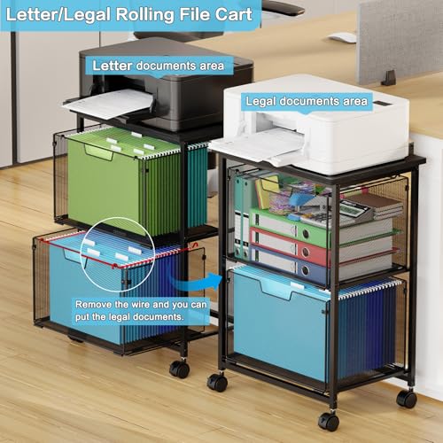 Letter/Legal Rolling File Cart with 2 Storage Drawers, Under Desk Storage, Vertical Filing Cabinet for Home Office, Hanging File Folders Organizer, Mobile Utility Cart Printer Stand, Black