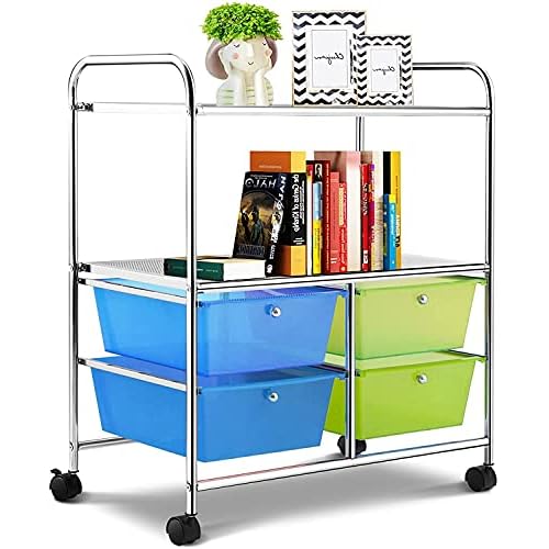 Hysache Rolling Storage Cart, Utility Organizer Cart w/ 4 Drawer 2 Shelves Trolley, Metal Frame, Plastic Storage Drawers on Wheels for School Office Home, Multifunction Organizer (Green)