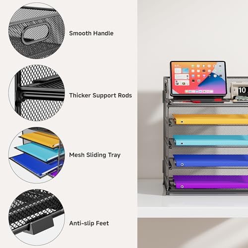 Cawukege Black 5-Tier Mesh Paper Organizer with Handle for Desk, Office & Classroom