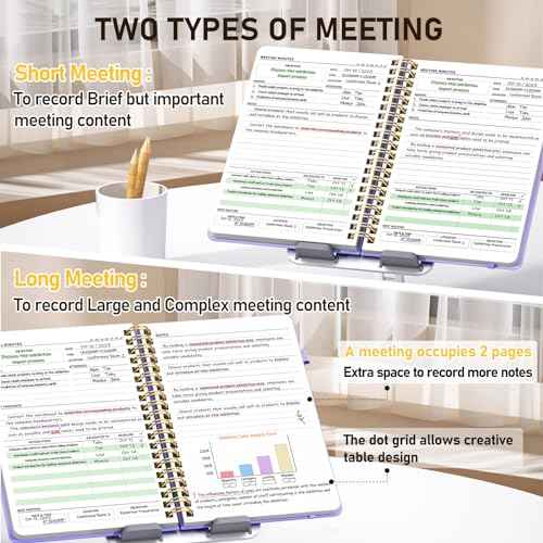 WEMATE 5 Pack Meeting Notebooks for Work£¨7"x10"£© 200 Pages, PU Leather Notebook with Action Items & Note, For Staff & Students, Meeting, Projects Planning- Light Purple, Blue, Rose Gold, Green, Black