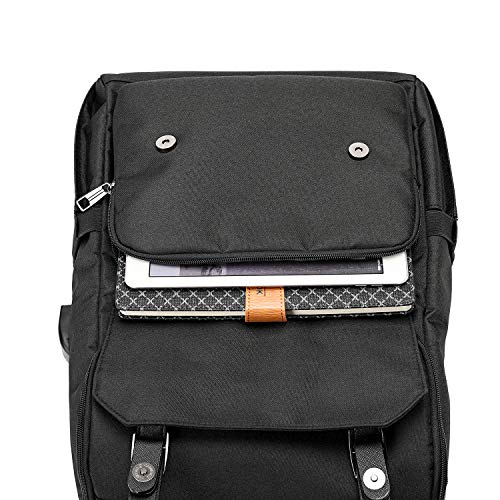 YALUNDISI Black Vintage Laptop Backpack with USB Charging Port for Women & Men, Fits 15.6 Inch