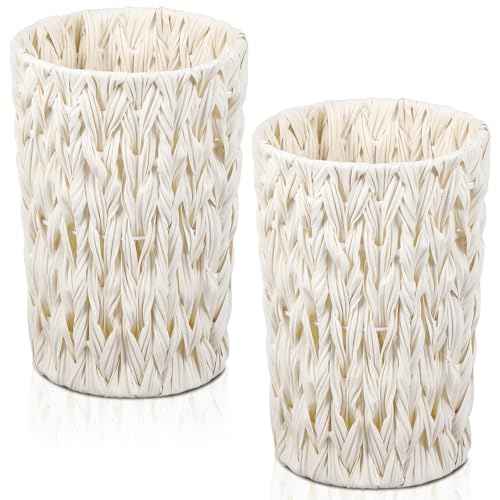 2 Pcs Wicker Trash Cans 2 Gallon Rattan Waste Baskets for Bathroom Wicker Waterproof Boho Trash Cans Compact Woven Round Decorative Waste Baskets for Bedroom Office Bathroom(White)