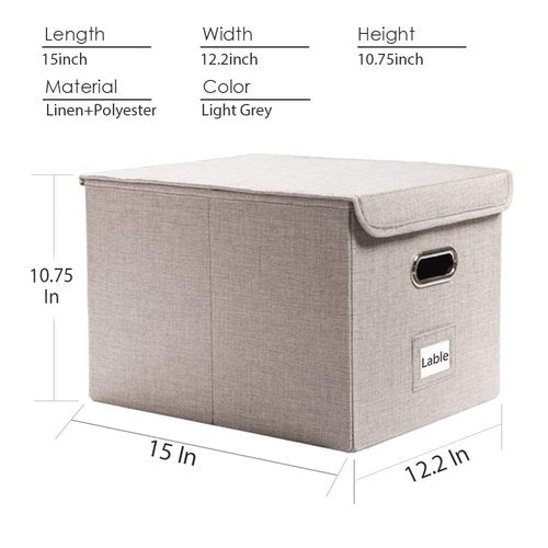 PRANDOM File Organizer Box - Set of 1 Collapsible Decorative Linen Filing Storage Hanging File Folders with Lids Office Cabinet Letter Size Light Grey (15x12.2x10.75 inch)