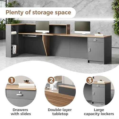Modern L-Shaped Reception Desk with Hutch, Reception Counter Table, Lockable Drawer Door Cabinet, Office Wooden Computer Front Desk (European Oak+lron Gray-Right Cabinet, 71"L*24"W*41"H)