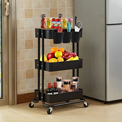 3-Tier Metal Utility Rolling Cart Storage Side End Table with Cover Board and Handle for Office Home Kitchen Organization, Black
