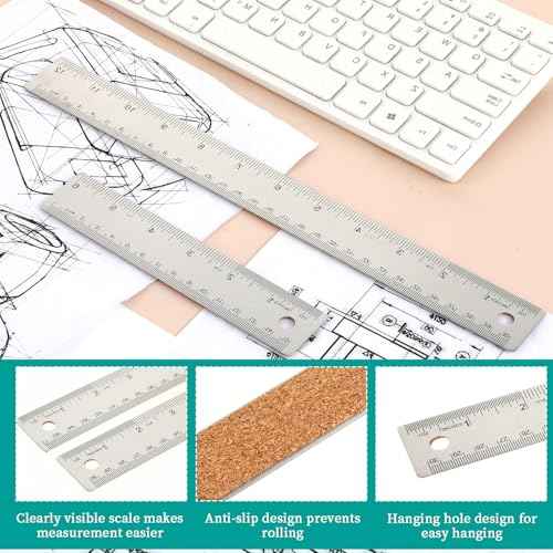 Metal Ruler with Cork Backing 6+12+18 Inch Stainless Steel Metal Ruler Non-Slip Rulers with Inch and Centimeters Straight Edge Cork Base Rulers for Drafting Office Tools, Prevent Ink Leakage