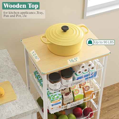 Fruit Vegetable Basket for Kitchen Pantry Storage Organizer, 4-Tier Metal Utility Kitchen Rolling Cart on Wheels with Drawer Rack and Wood Top for Potatoes Onions