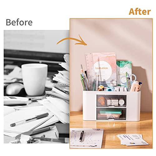 Marbrasse White Pen Organizer with 2 Drawers & Compartments - Multi-Functional Desk Storage