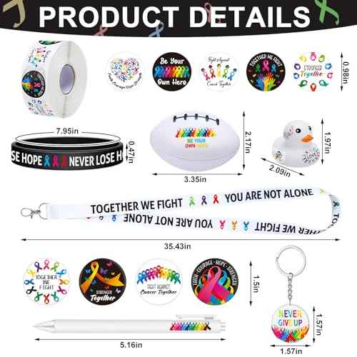 1140 Pcs Cancer Awareness Set Colorful Ribbon Lung Breast Cancer Awareness Items Include Lanyards Keychains Stickers Buttons Stress Balls Pens Silicone Bracelets Rubber Ducks