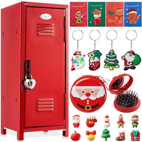 12 Pcs Christmas Mini Locker 10.8 Inch Miniature Storage with Lock and 2 Keys Small Cute Functional Locker for Desktop Bedroom Home Office(Red,Santa)