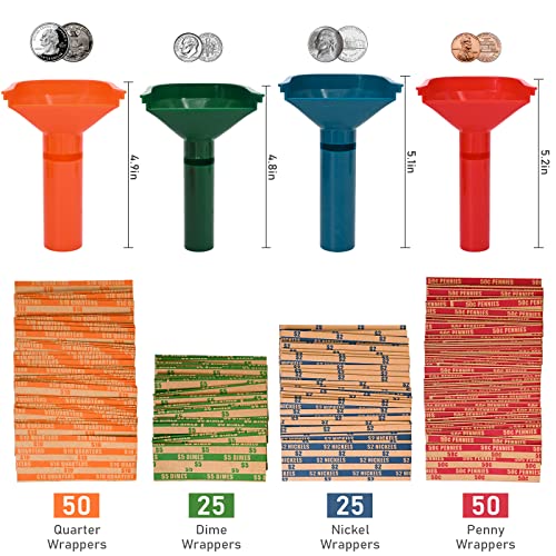 150 Coin Wrappers & 4 Color-Coded Sorting Tubes Set - Easy Load, Variations with 4 Tubes & 150 Wrappers