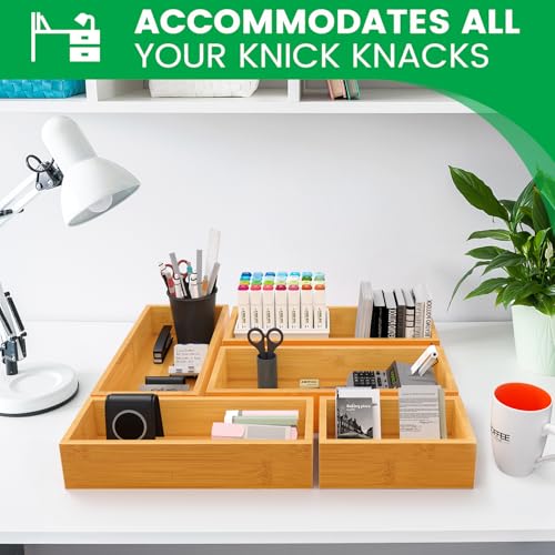 Bamboo Drawer Organizer Set - 5-Piece Kitchen, Bathroom & Office Storage Trays