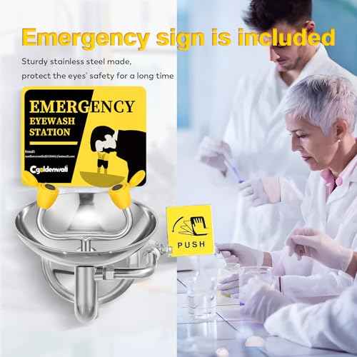 CGOLDENWALL Eye Wash Station Wall Mounted Eyewash Station Emergency Eye Face Washing Sink Plumbing Connection, NPT Thread, with Eyewash Sign, 304 Stainless Steel