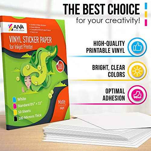 Printable Vinyl Sticker Paper - Waterproof Decal Paper for Inkjet Printer - 50 Self-Adhesive Sheets - Matte White - Standard Letter Size 8.5"x11"