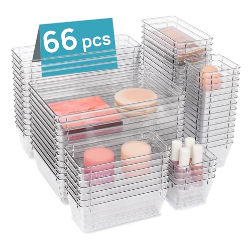 Vtopmart 66 PCS Clear Plastic Drawer Organizer Bins, 4-Size Versatile Bathroom and Vanity Organizer Trays, Acrylic Storage Containers for Makeup, Jewelry, Toiletry, Kitchen Utensils and Office Supply