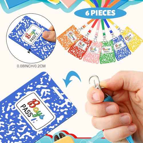 Sabary 6 Sets Composition Hall Passes Wooden Bathroom Pass Lanyards Notebook Style Unbreakable Classroom Passes Gift for Bathroom Office Library Nurse School Supplies(Colorful)