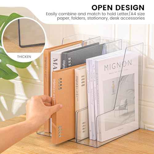 Vertical File Holder, Clear PET Desk Organizer and Storage Bins Holding for Magazines, Binders, Notebooks, Envelopes, Multi-purpose Plastic Document Organizer for Home Office, 4 pack